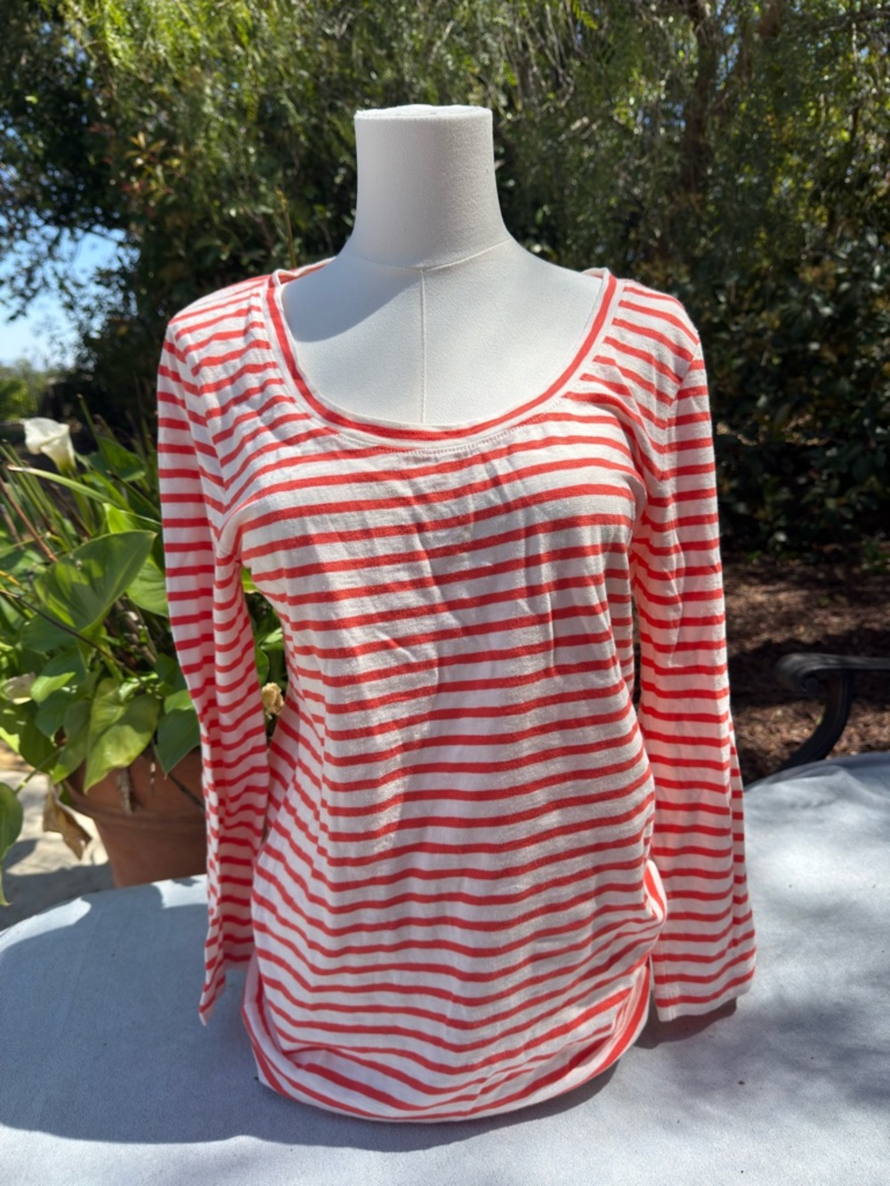 J Crew Women’s Striped Scoop Neck Long Sleeve Top - Coral/White